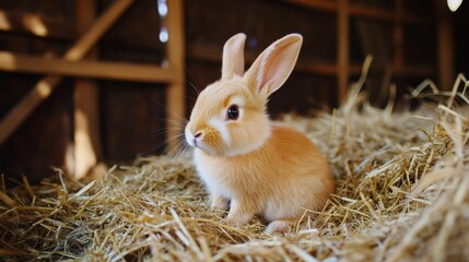 An adorable bunny sitting in a bed of fresh hay, with its soft, velvety fur and gentle eyes, creating a heartwarming and endearing scene.