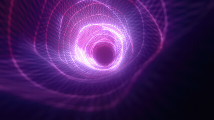 Abstract bright purple glowing background with a tunnel of lines and stripes of energy of burning rays of plasma and electricity with light