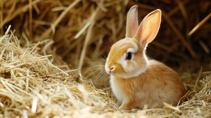 An adorable bunny sitting in a bed of fresh hay, with its soft, velvety fur and gentle eyes, creating a heartwarming and endearing scene.