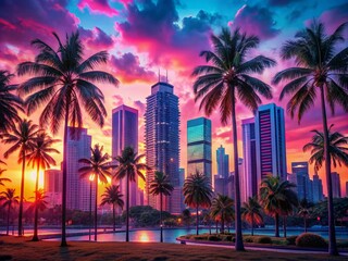 Obraz premium Vibrant neon hues of pink and blue illuminate a futuristic retro landscape with sleek skyscrapers and palm trees under a radiant sunset sky.