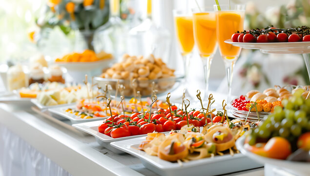 Luxury Snack table ready for event. Food and drink catering. Festively decorated beautiful big table full of food ready for guests.Horizontal color photography.