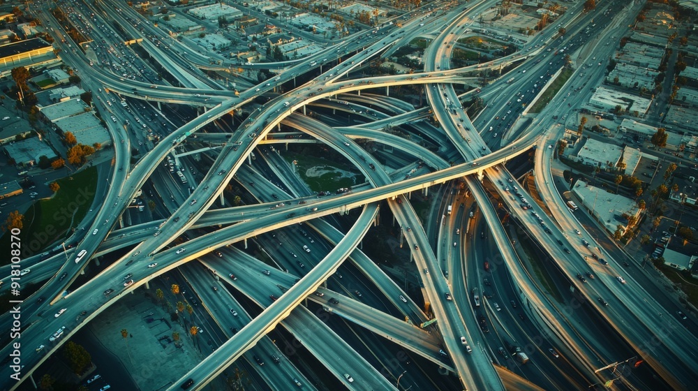 Poster an aerial view of a complex highway interchange, with multiple lanes and ramps visible, showing the 