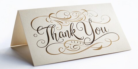 Elegant hand-lettered calligraphy text "Thank You" on a beautiful white paper greeting card with intricate flourishes and subtle texture, conveying gratitude and appreciation.