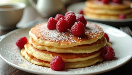 Delicious Pancakes with Raspberries and Powdered Sugar.