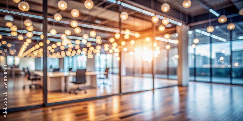 Poster Soft focus empty office space with abstract bokeh lights and blurred background, creating a modern and minimalist atmosphere for design and composition.