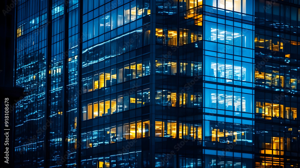 Poster modern office building at night with illuminated windows.