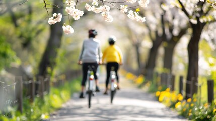 Obraz premium Tranquil Spring Cycling Adventure Among Cherry Blossoms