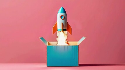 Rocket launching from an open box, symbolizing new ideas and potential.