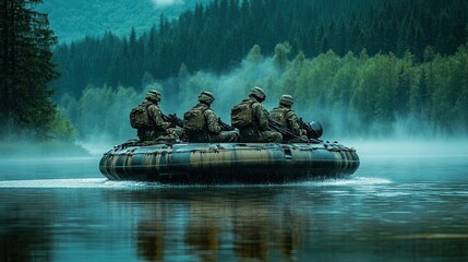 Military hovercraft speeding across a shallow lake with soldiers on board
