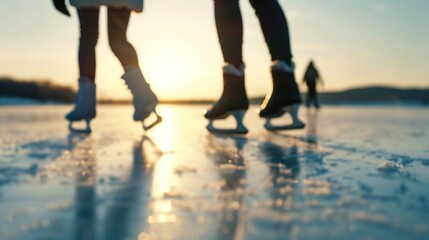Joyful Winter Moments: Friends Ice Skating on Frozen Lake in Stunning Winter Landscape
