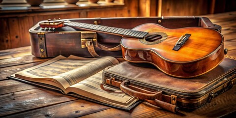 A worn leather guitar case and a stack of sheet music sit on a wooden desk, surrounded by a warm and inviting music school atmosphere.