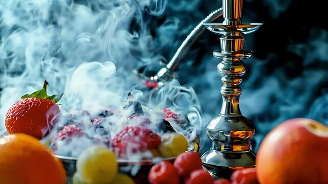 Silver hookah with smoke and fruit bowl.