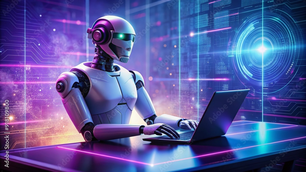 Poster friendly artificial intelligence robot sitting at a futuristic desk, using a laptop with a purple ne