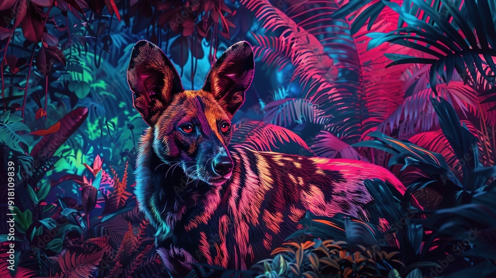 Sticker African Wild Dog in a Tropical Jungle