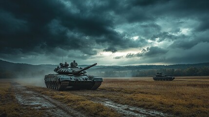 Naklejka premium Tank crew preparing for battle in an open field, with dark storm clouds gathering overhead