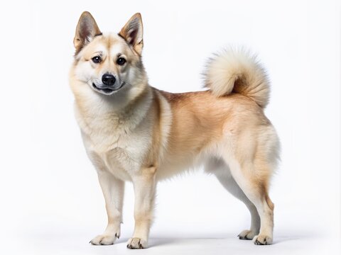 Adorable Norwegian Buhund dog with short coat and erect ears stands against a clean white background, showcasing its friendly and lively expression naturally.