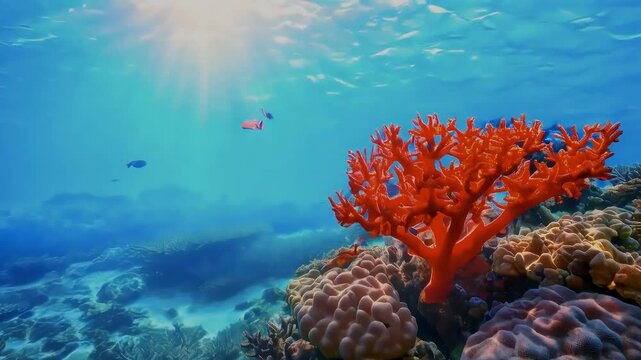 Sunbeams illuminate vibrant red coral and fish in a clear blue ocean.