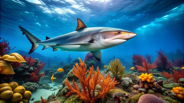 A majestic Caribbean reef shark swims through a vibrant coral reef, its grey body and distinctive snout a striking contrast to the colorful marine environment.
