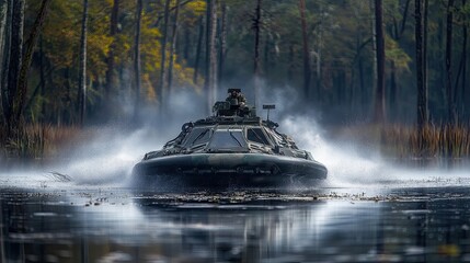 Tactical hovercraft maneuvering through a swampy area during a military exercise