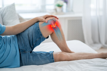 Knee pain, joint inflammation, arthritis and degenerative changes, man suffering from leg ache and...