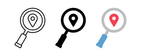 search location icon set. map pin symbol with magnifying glass. modern design isolated on white background