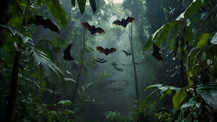 A group of bats in a tropical rainforest in the morning
