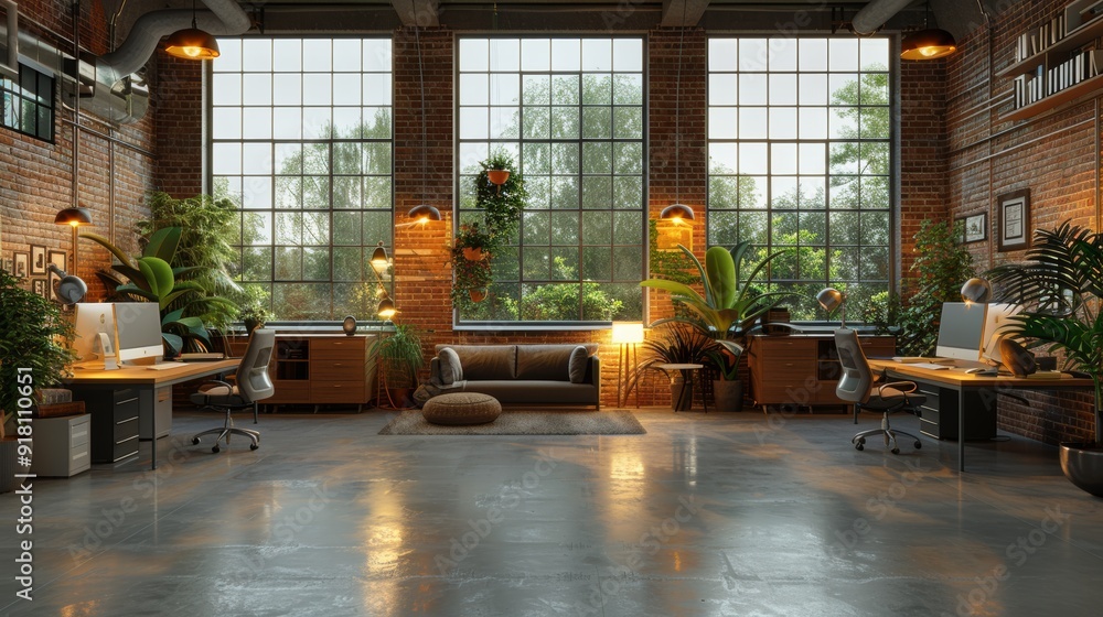 Poster modern industrial workspace with large windows and greenery in a relaxed setting during the day