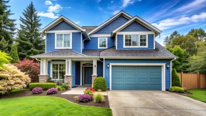 A modern suburban home's attached garage with a bright blue door and matching shutters, surrounded by lush greenery and a neatly manicured front lawn.