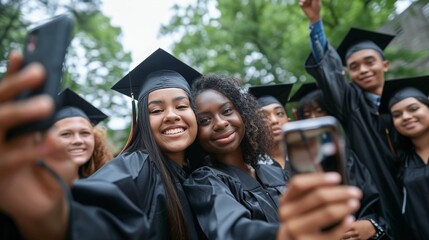 diverse students pose for selfies during their graduation ceremony at the university campus