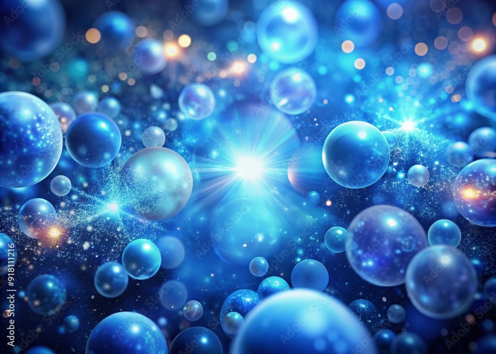 Poster vibrant blue glow emanates from abstract particle formations, surrounded by soft bokeh orbs, creatin