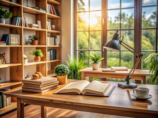 A serene and organized room with an open book on a wooden desk, surrounded by a few scattered papers, symbolizing knowledge and educational pursuits.