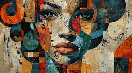 An imaginative portrait of a woman's face intertwined with musical notes and instruments, blending human features with abstract, melodic elements