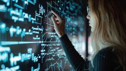 Innovative Education: Woman Engaging with Holographic Mathematical Formulas in Technological Setting