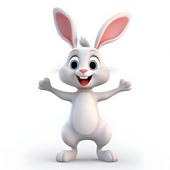 Obraz premium Animated white rabbit character with cheerful expression and outstretched arms on a plain background
