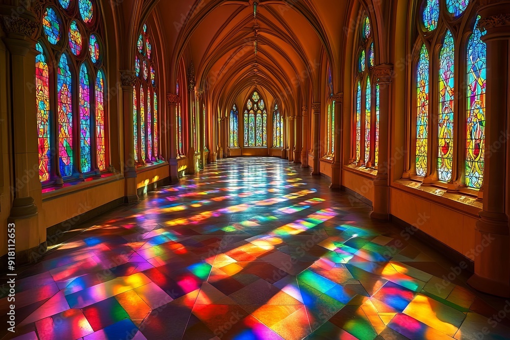 Poster bright colors from stained glass create a stunning display along a gothic arcade. generative ai