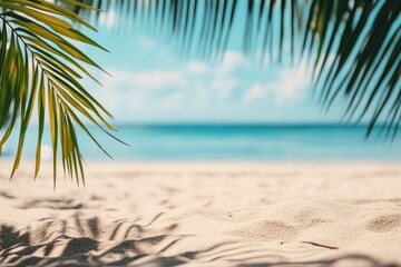 Fototapeta premium beach sand with palm branches on the background of the sea with generative ai