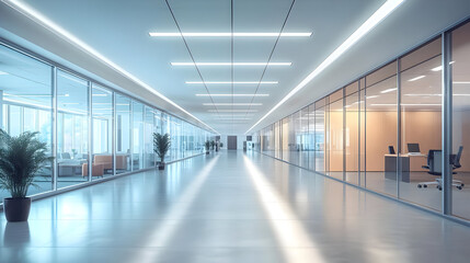 Modern office hallway with glass walls.