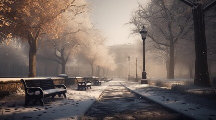 A park with a path and benches covered in snow