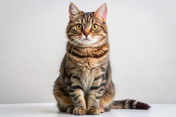 Obraz premium Adorable American Wirehair cat with rugged, wiry fur and piercing gaze sits regally against a clean white background, showcasing unique whiskers and endearing expression.