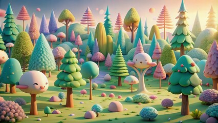 Whimsical 3D rendered cartoon environment featuring a serene minimalist forest with soft pastel hues and adorable cartoon trees, perfect for a children's TV show.
