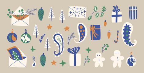 Festive holiday Christmas elements set. Gifts, gingerbread and festive envelopes, paisley decoration. Vector hand drawn flat collection