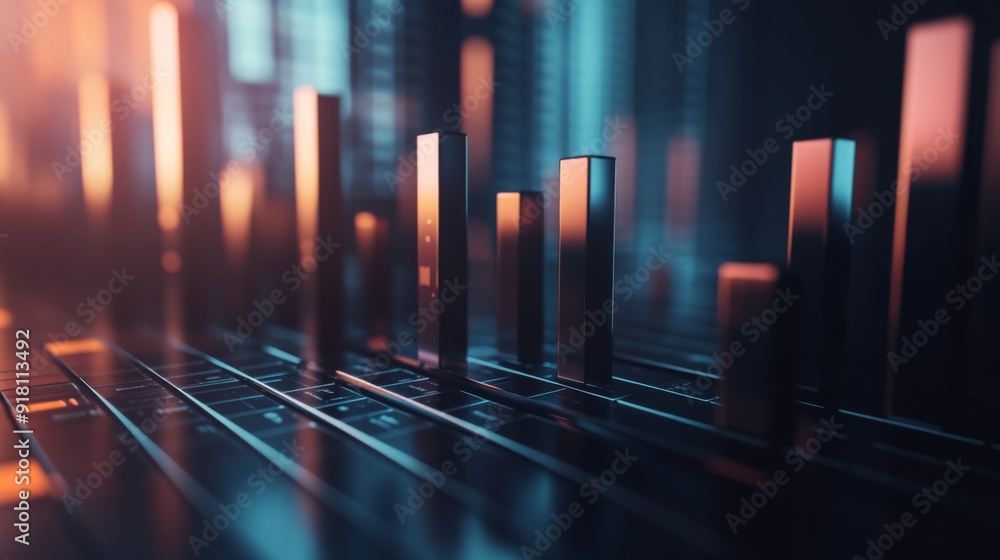 Poster an artistic representation of a 3d bar chart with shadow effects, emphasizing the depth and texture 