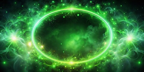 Obraz premium Mesmerizing green neon frames surrounded by swirling smoke and twinkling sparkles, radiating an otherworldly glow within circular borders that pulse with vibrant energy.