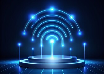 Obraz premium 3D realistic technology digital cyberpunk podium display neon lighting with glow neon colors lines with lighting effect perspective on dark blue background . 5G network high speed internet wireless