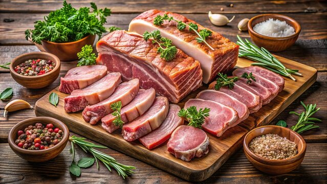 Assortment of juicy pork cuts, including tenderloin, baby back ribs, and pork belly, arranged on a rustic wooden board with fresh herbs and garnishes.