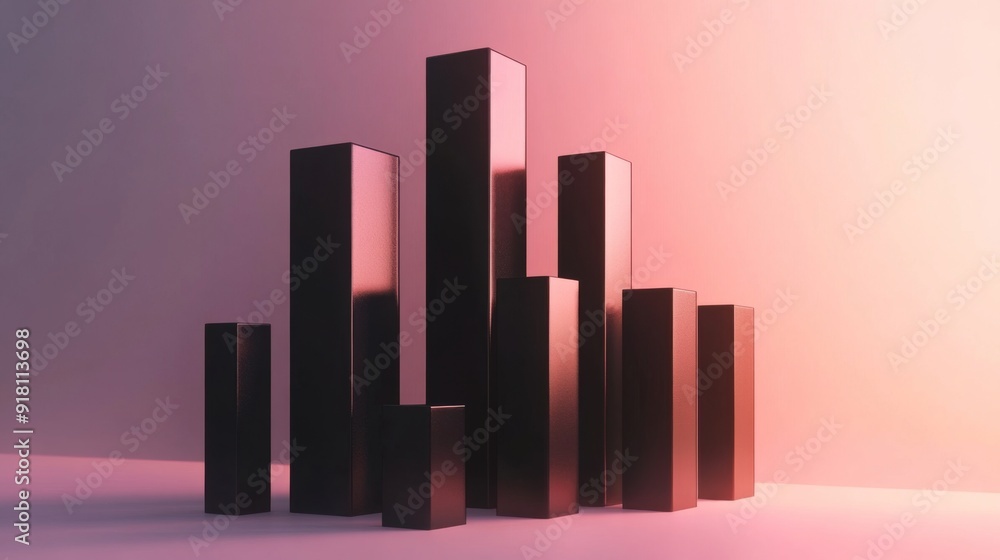 Poster an artistic representation of a 3d bar chart with shadow effects, emphasizing the depth and texture 