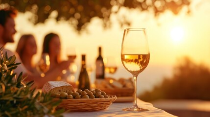 Fototapeta premium A serene sunset scene featuring a glass of white wine, perfect for gatherings and outdoor dining experiences.