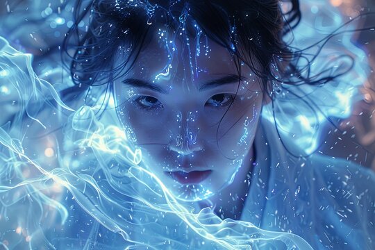 A snow woman spirit enveloped in shimmering blue light stands in a serene winter landscape. Generative AI