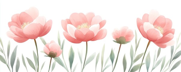 Delicate pink flowers with soft pastel petals and elegant green leaves, perfect for spring themes and floral arrangements.
