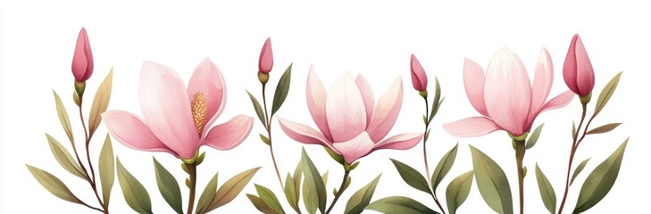 Naklejka premium Delicate pink magnolia flowers with lush green leaves, perfect for spring themes and nature-inspired designs.